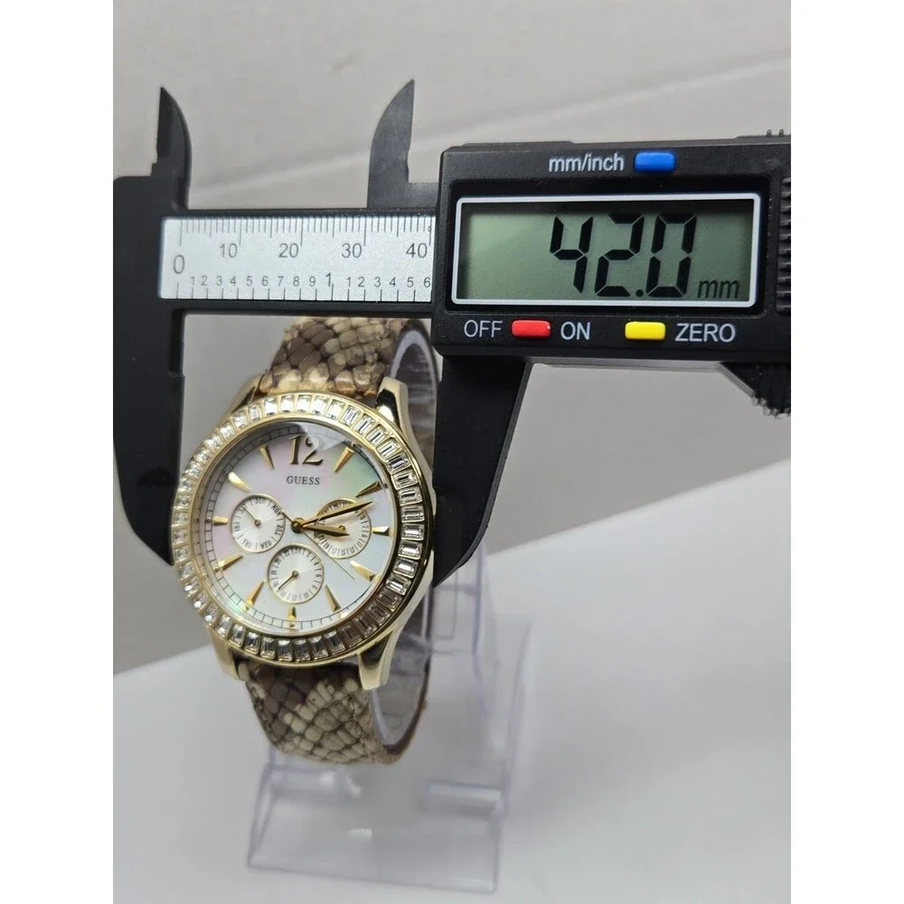 GUESS Womens Gold Tone MOP Day Date Watch Crystals Snake Leather New Battery
